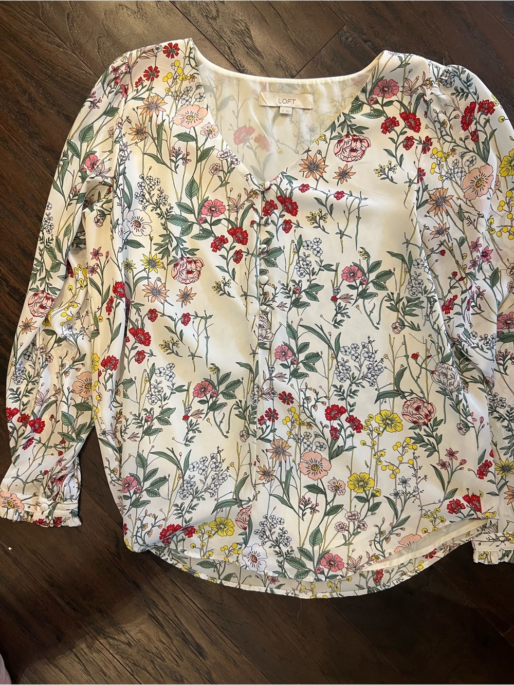 LOFT Cream Floral V-Neck Henley Blouse with Pink, Red & Yellow Accents